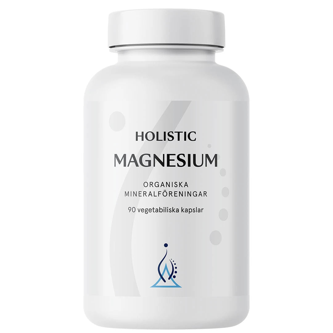 Holistic Magnesium 120 mg 90 caps kosttillskott i en vit plastburk med grå och blå detaljer.
