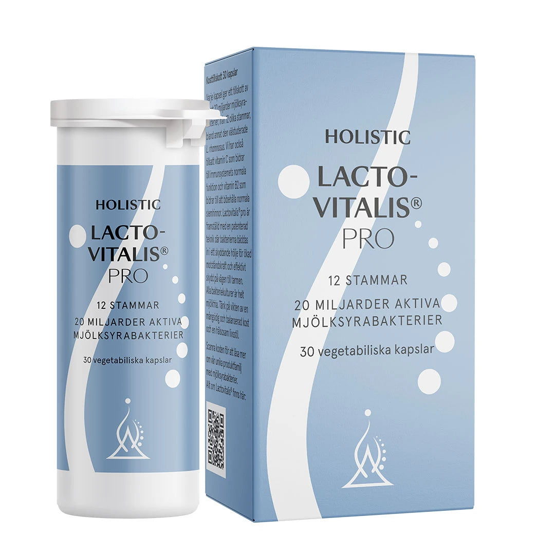 Holistic Lactovitalis® pro 30 caps kosttillskott förpackad i en ljusblå och vit burk med tillhörande kartong.