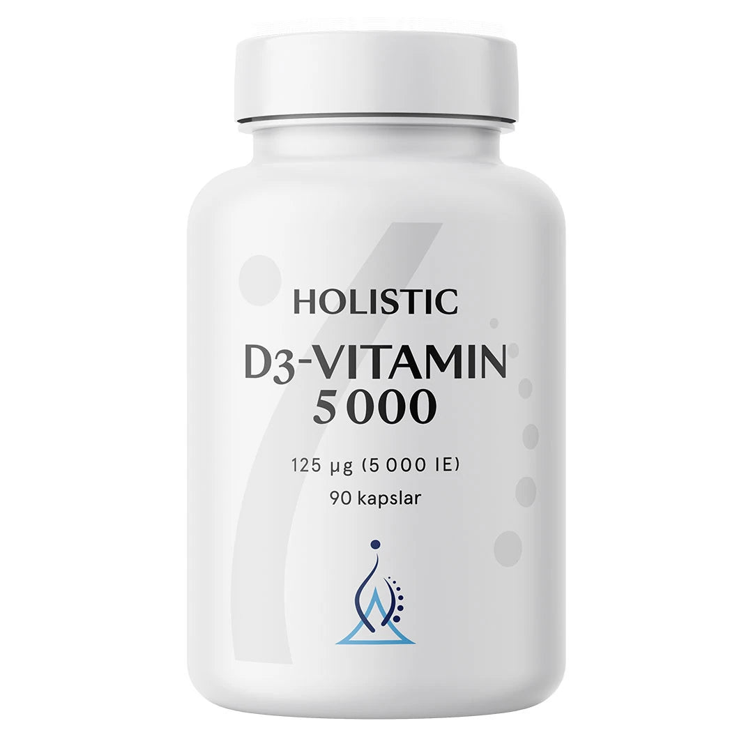 Holistic D3-vitamin 5000 90 caps i en stilren vit burk med svart text och blå detaljer.