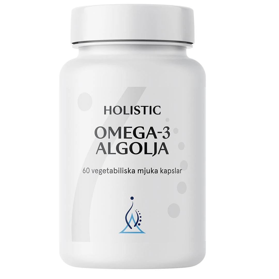 Holistic Omega-3 algolja 60 caps förpackad i en stilren vit burk med grå och blå grafiska detaljer.