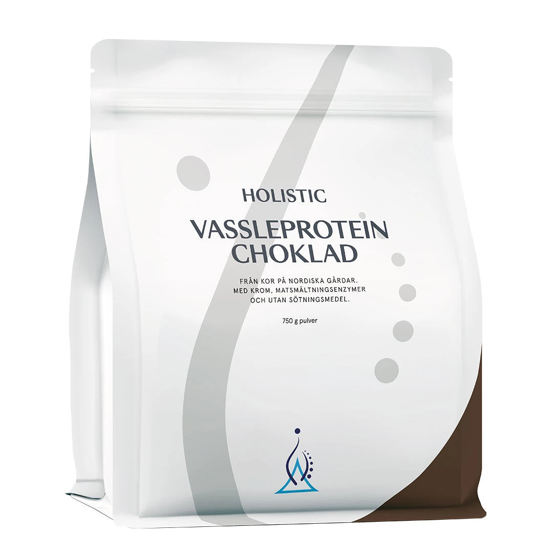 Holistic Vassleprotein 750 g proteinpulver i en vit påse med grå och bruna detaljer för smaken Choklad.