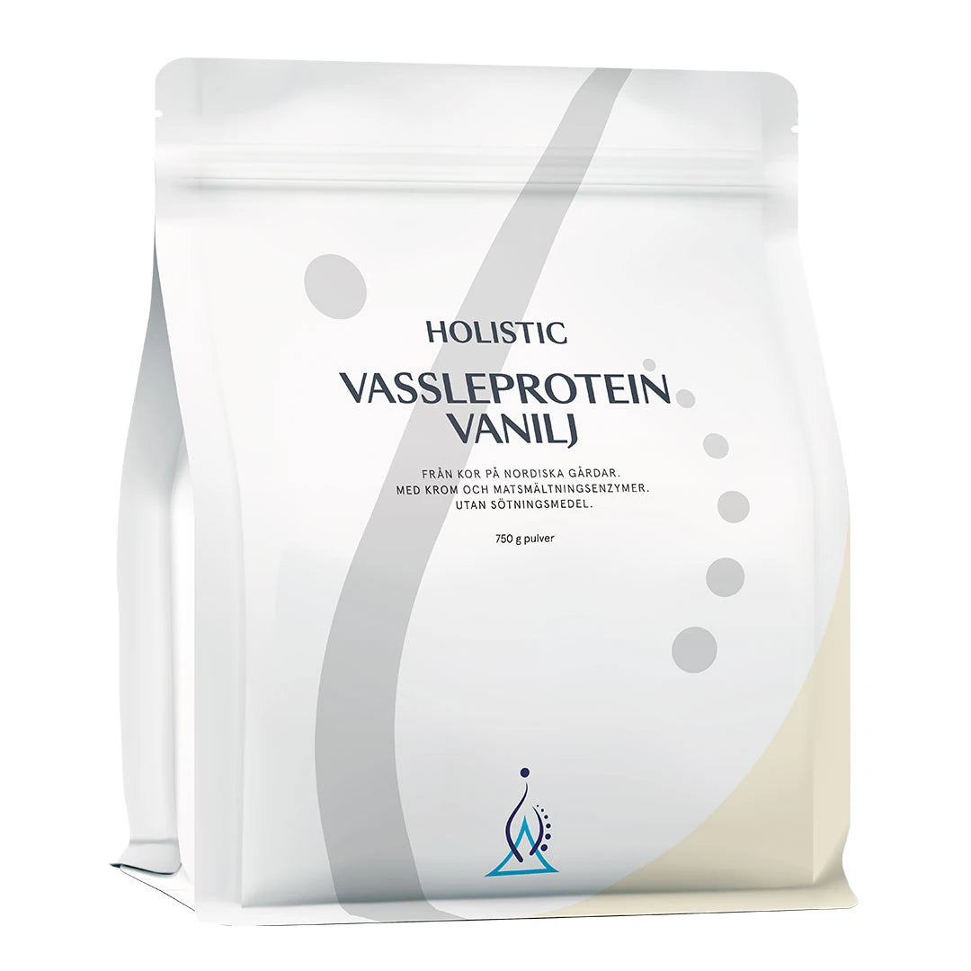 Holistic Vassleprotein 750 g proteinpulver i en vit påse med ljusgrå detaljer och smaken Vanilj.