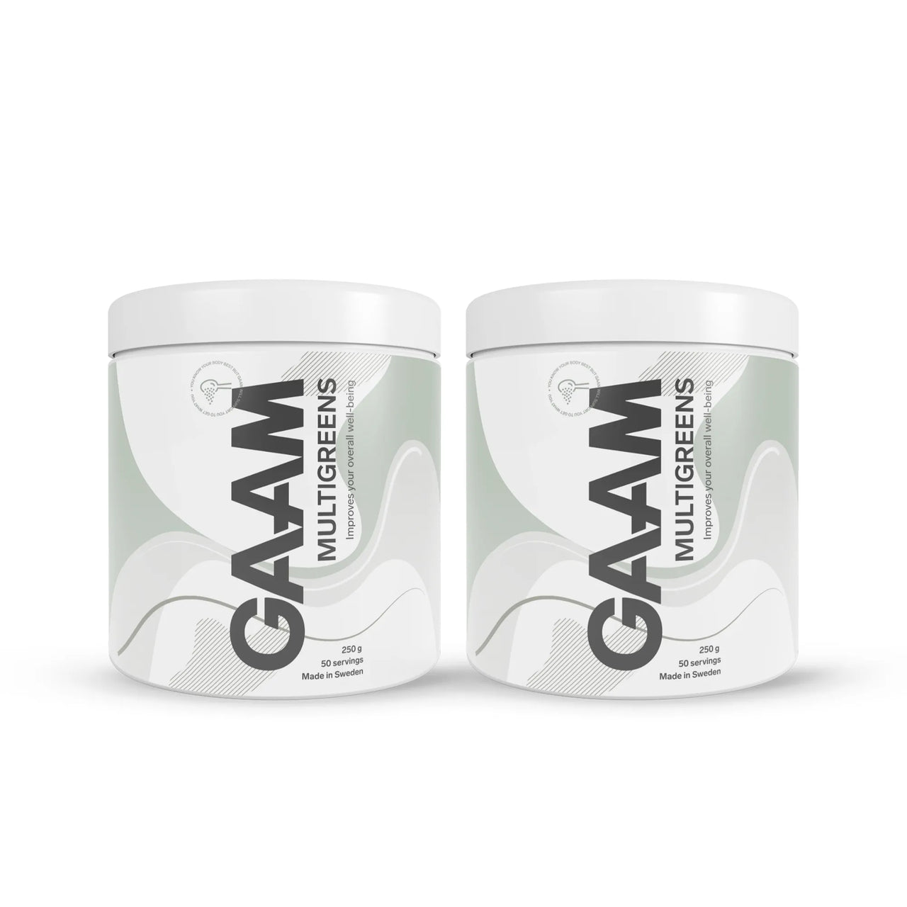 2 x GAAM Multigreens 250 g kosttillskott i två vita burkar med gråa och gröna detaljer.