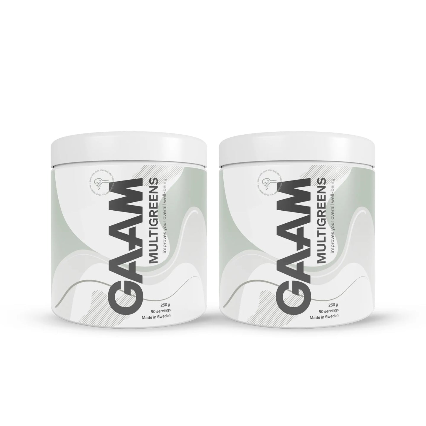 2 x GAAM Multigreens 250 g kosttillskott i två vita burkar med gråa och gröna detaljer.