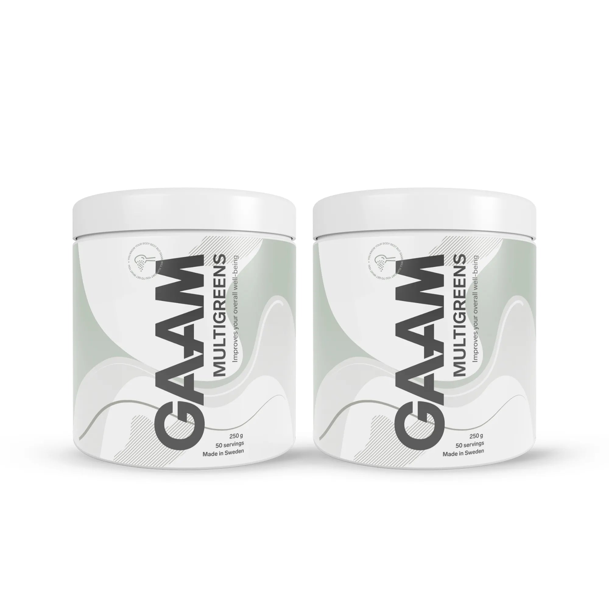2 x GAAM Multigreens 250 g kosttillskott i två vita burkar med gråa och gröna detaljer.