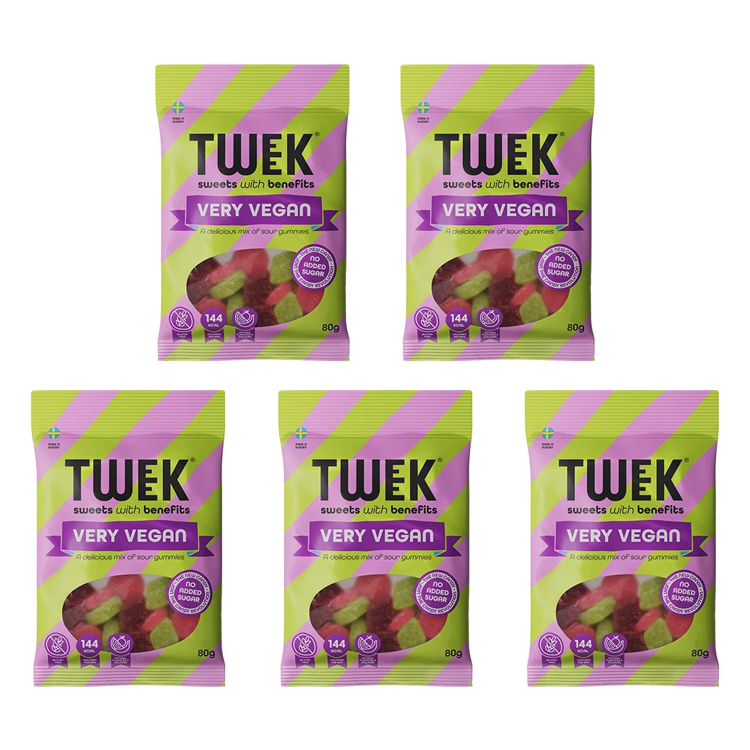 5 x Tweek Sweets 80 g Very Vegan i gröna och lila påsar med sura gelégodisar.