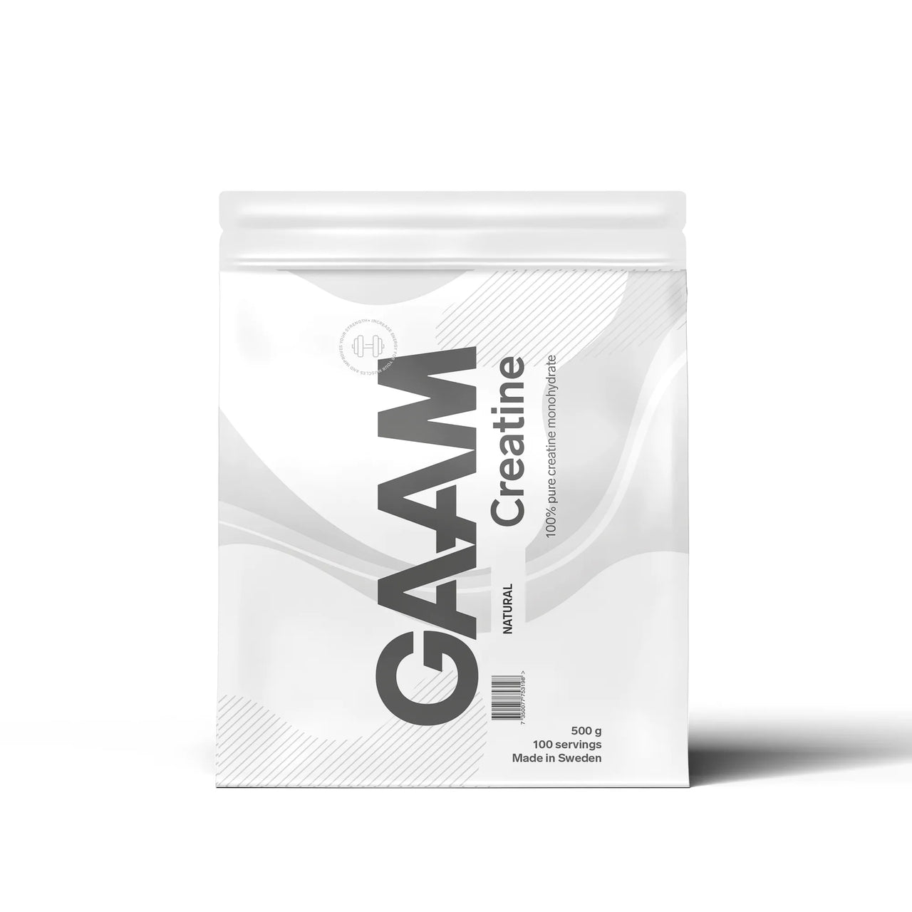 En vit påse med GAAM Creatine Monohydrate Kreatin 500 g, ett naturellt kreatinpulver.