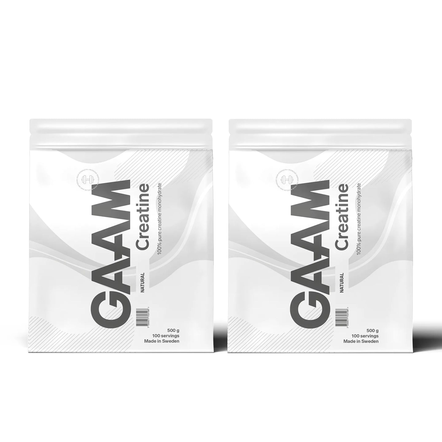 2 x GAAM Creatine Monohydrate 500 g i två vita påsar med grå detaljer och stor text.