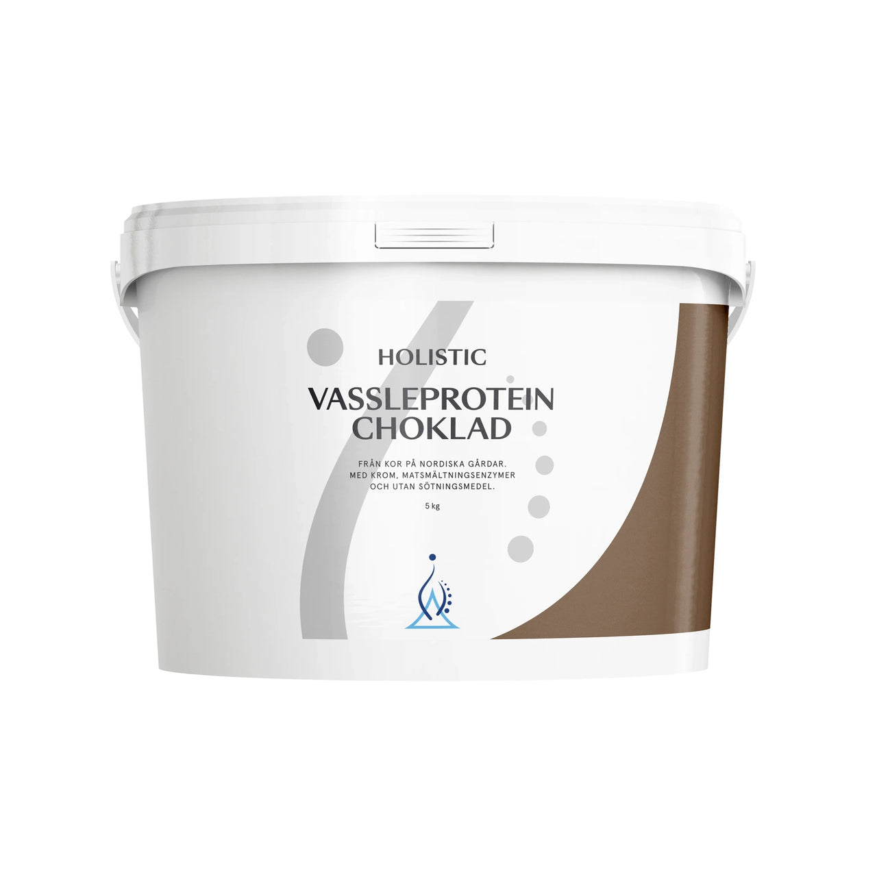 Holistic Vassleprotein 5 kg pulver i en vit hink med detaljer i grått och brunt för smaken Choklad.