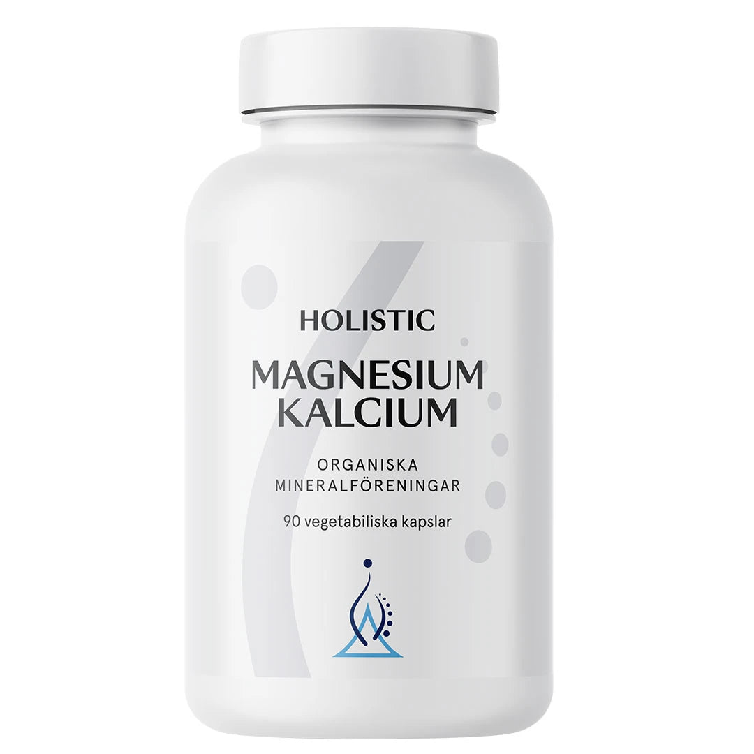 Holistic Magnesium/Kalcium 80/40 mg 90 caps kosttillskott i en stilren vit plastburk med grå detaljer.