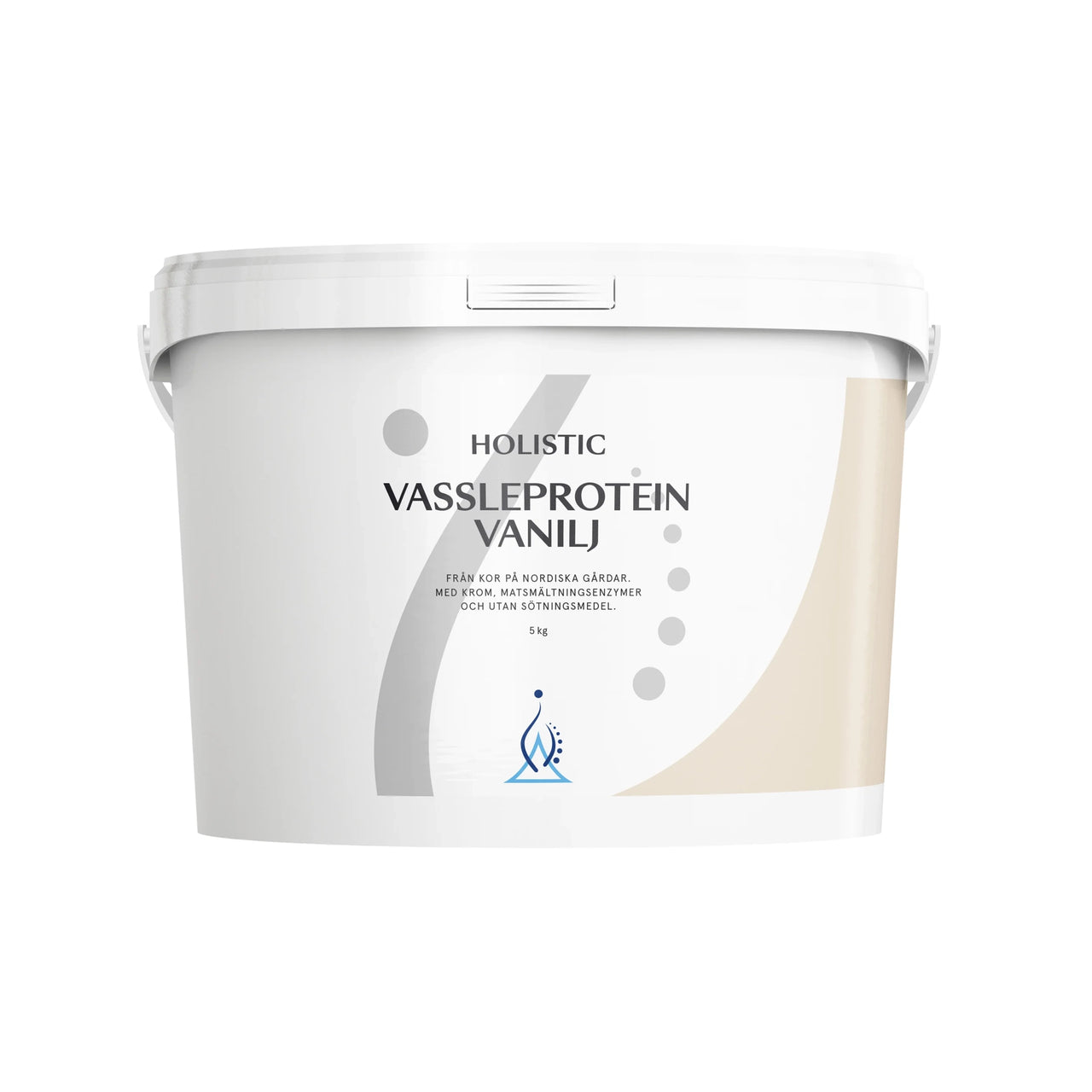 Holistic Vassleprotein 5 kg pulver i en vit hink med detaljer i grått och beige för smaken Vanilj.