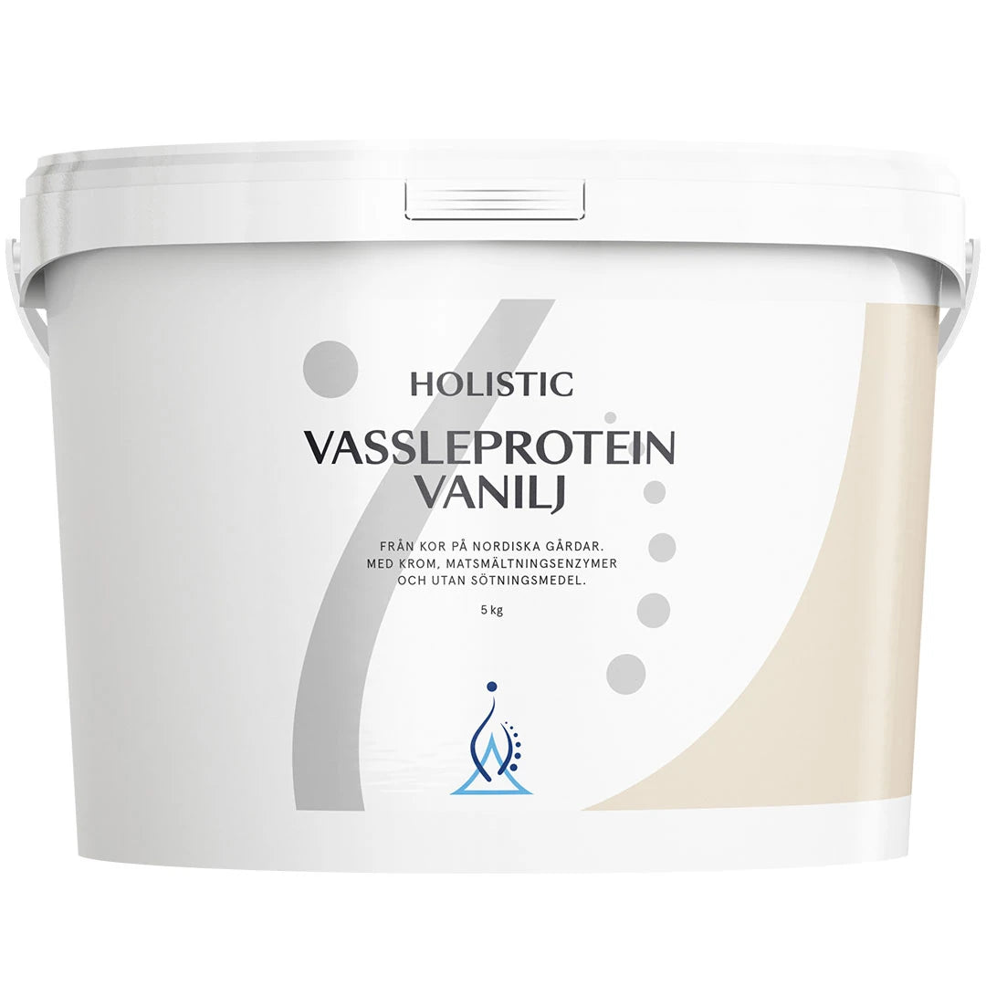 Holistic Vassleprotein 5 kg pulver i en vit hink med detaljer i grått och beige för smaken Vanilj.