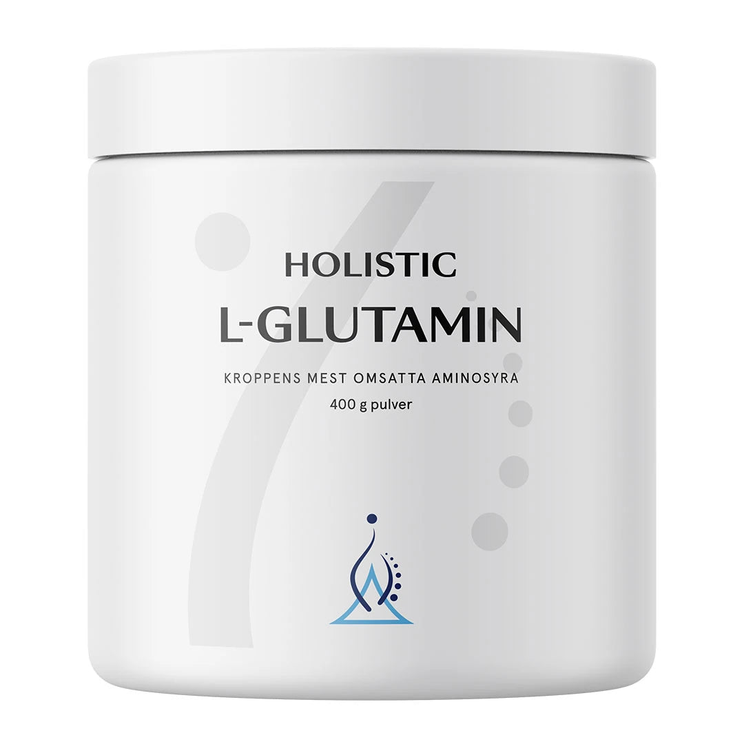 Holistic L-glutamin 400 g aminosyror i pulverform, förpackad i en vit burk med minimalistisk design och svarta detaljer.
