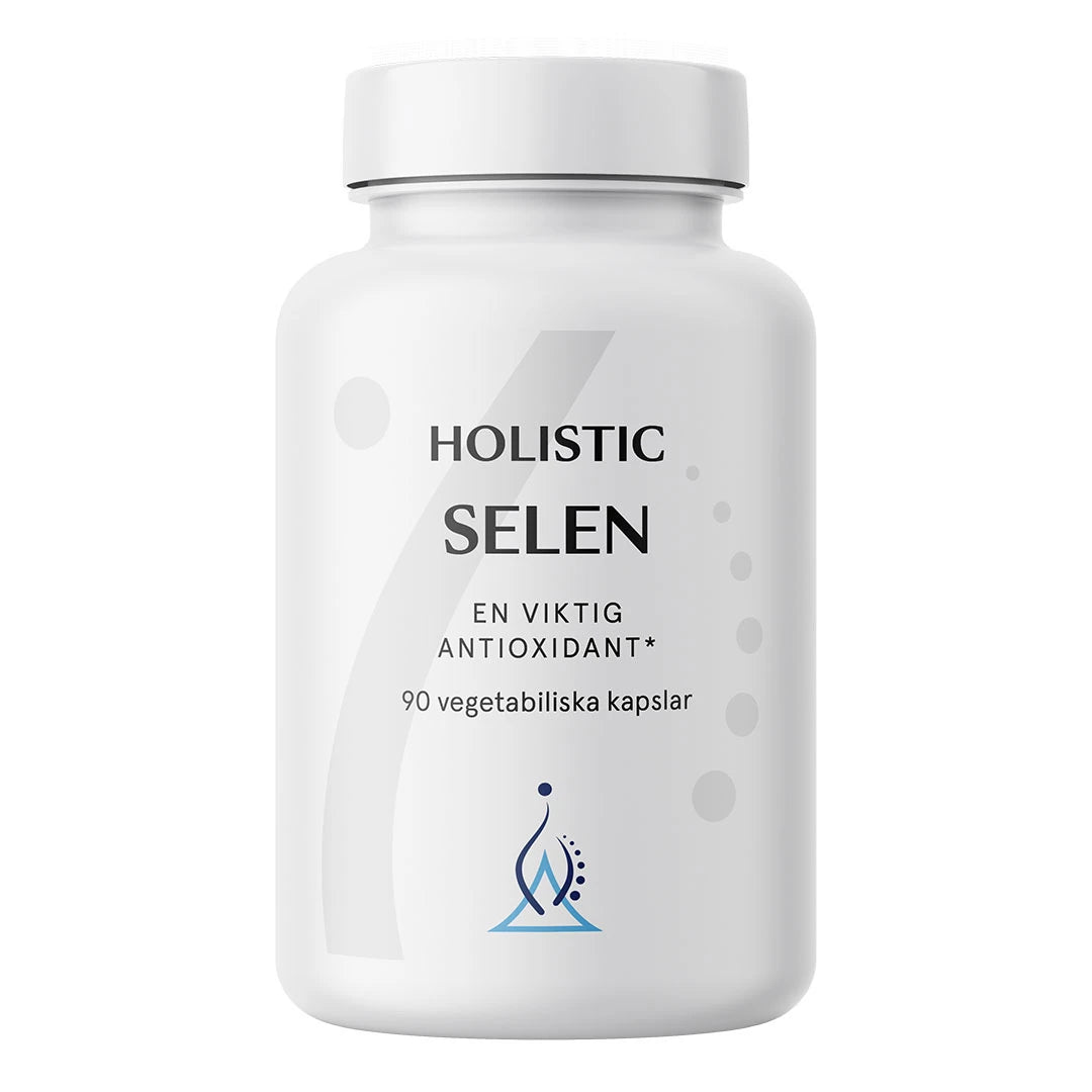 Holistic Selen 90 caps mineraltillskott i en vit burk med vegetabiliska kapslar för antioxidativt skydd.