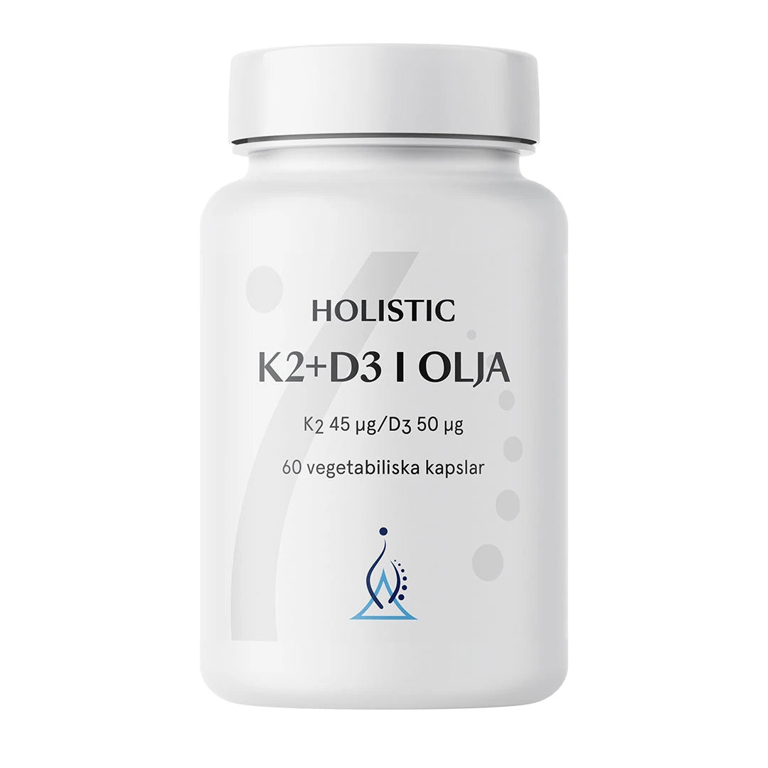 Holistic K2+D3 i olja 60 caps i en vit burk med svarta och gråa textdetaljer.