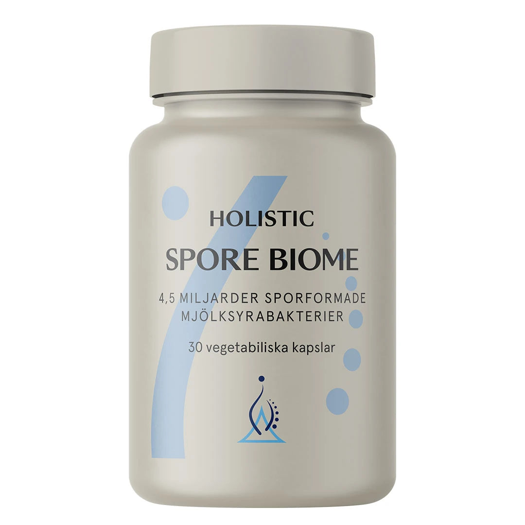 Holistic Spore Biome 30 caps mjölksyrabakterier förpackad i en ljusgrå burk med blå grafiska detaljer.