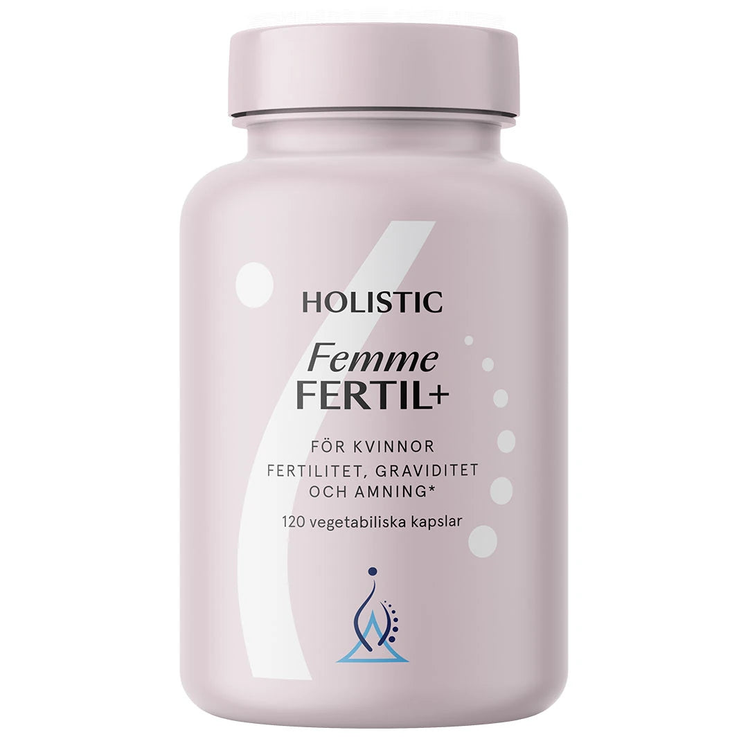 Holistic Femme Fertil+ 120 caps multivitamin i en ljuslila burk med vit text och grafiska detaljer.
