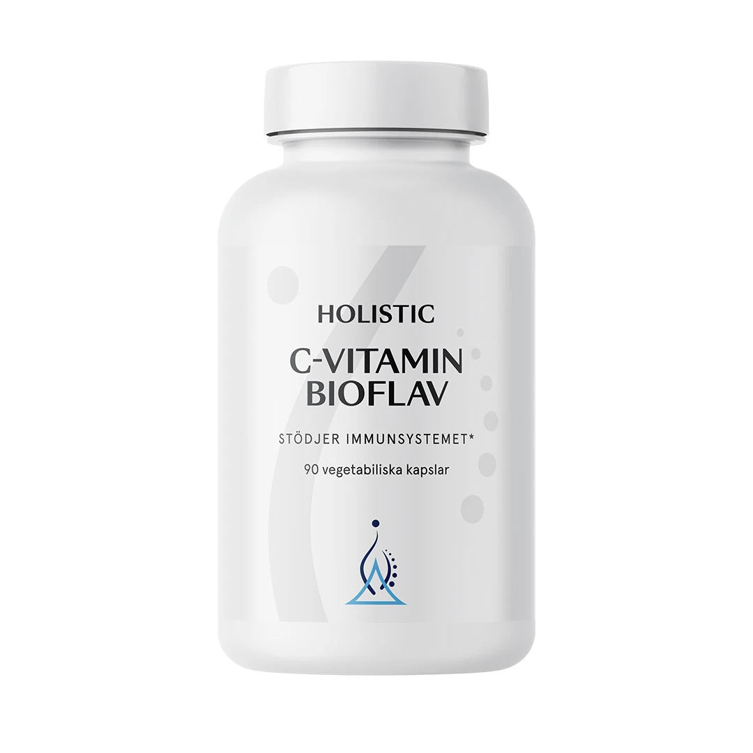 Holistic C-vitamin Bioflav 90 caps i en vit burk, ett veganskt kosttillskott för immunsystemet.