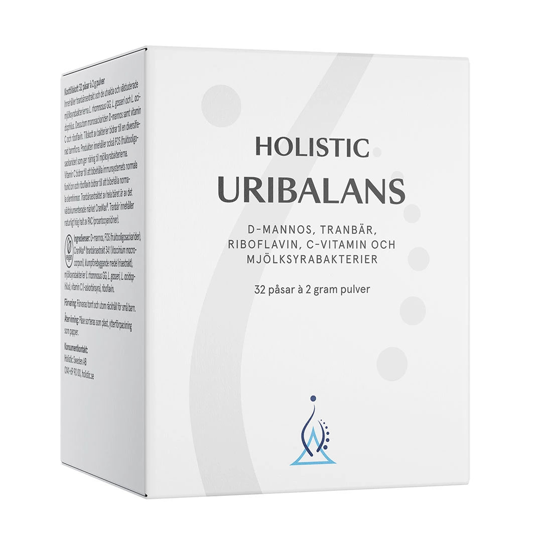 Holistic Uribalans 32 påsar veganskt kosttillskott förpackad i en vit ask.