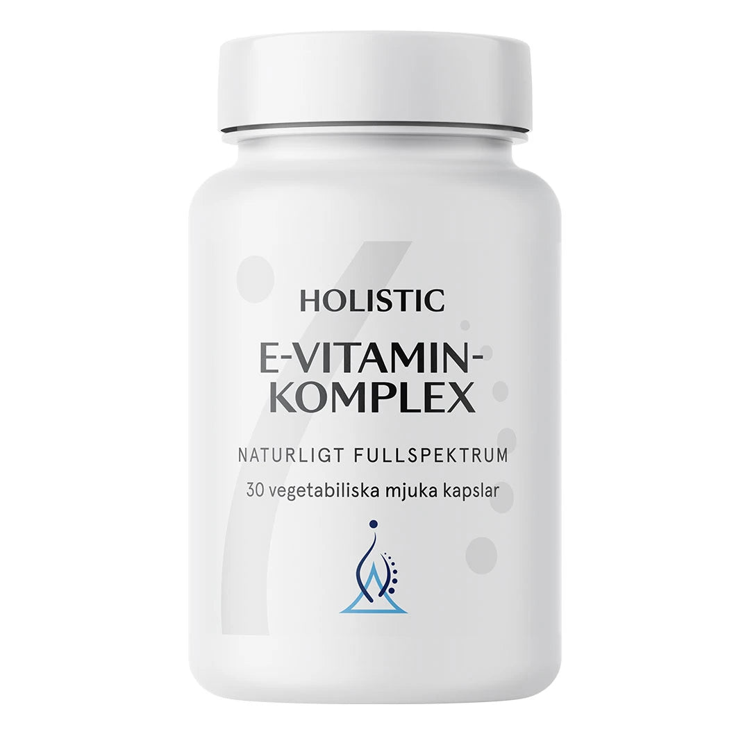 Holistic E-vitaminkomplex 30 caps veganskt E-vitamin, förpackat i en stilren vit burk.