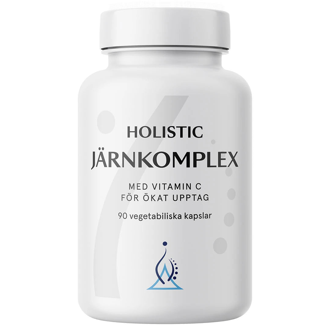 Holistic Järnkomplex 25 mg 90 caps järntillskott, förpackad i en stilren vit burk med svart text.