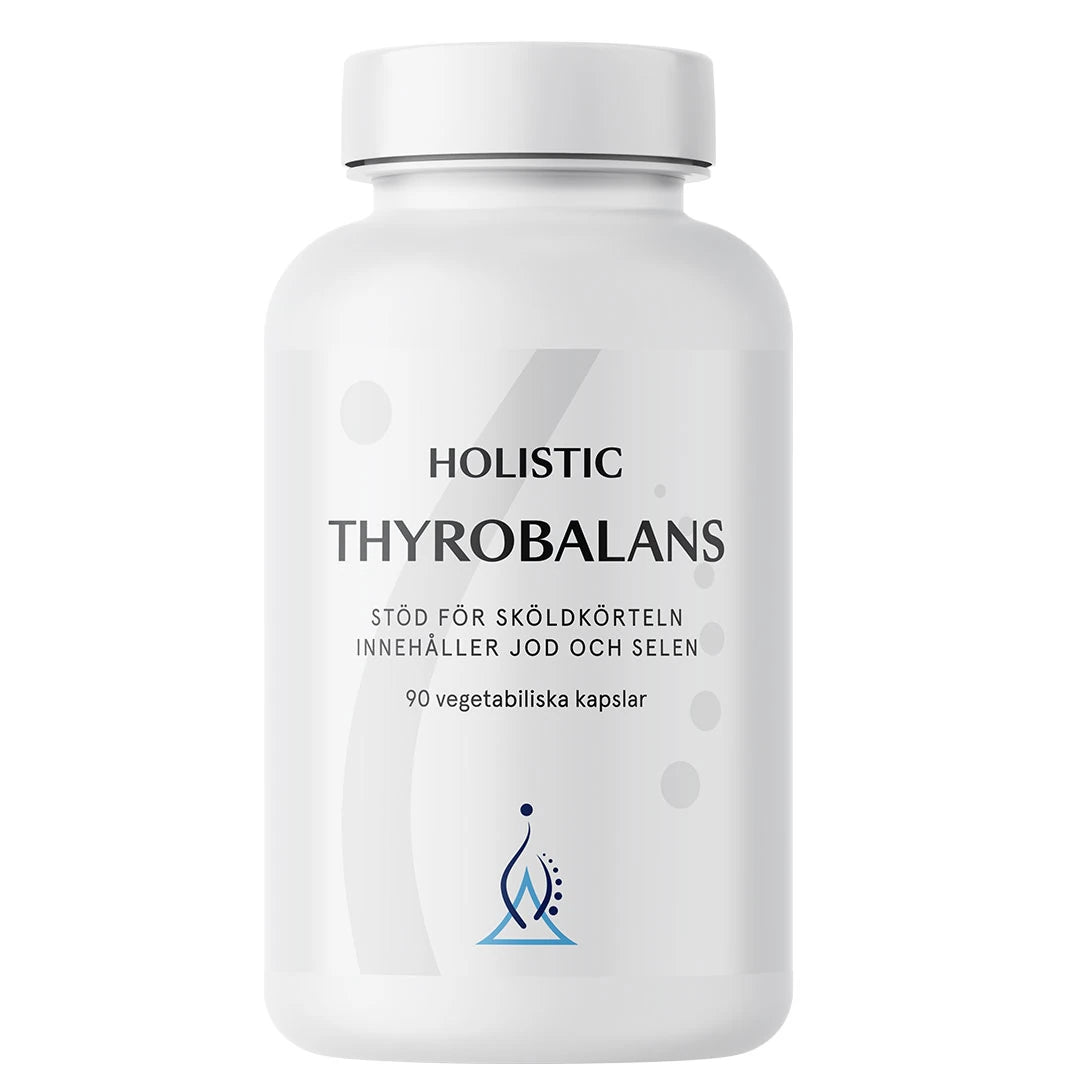 Holistic Thyrobalans 90 caps kosttillskott i en vit plastburk med grå och blå grafiska detaljer.