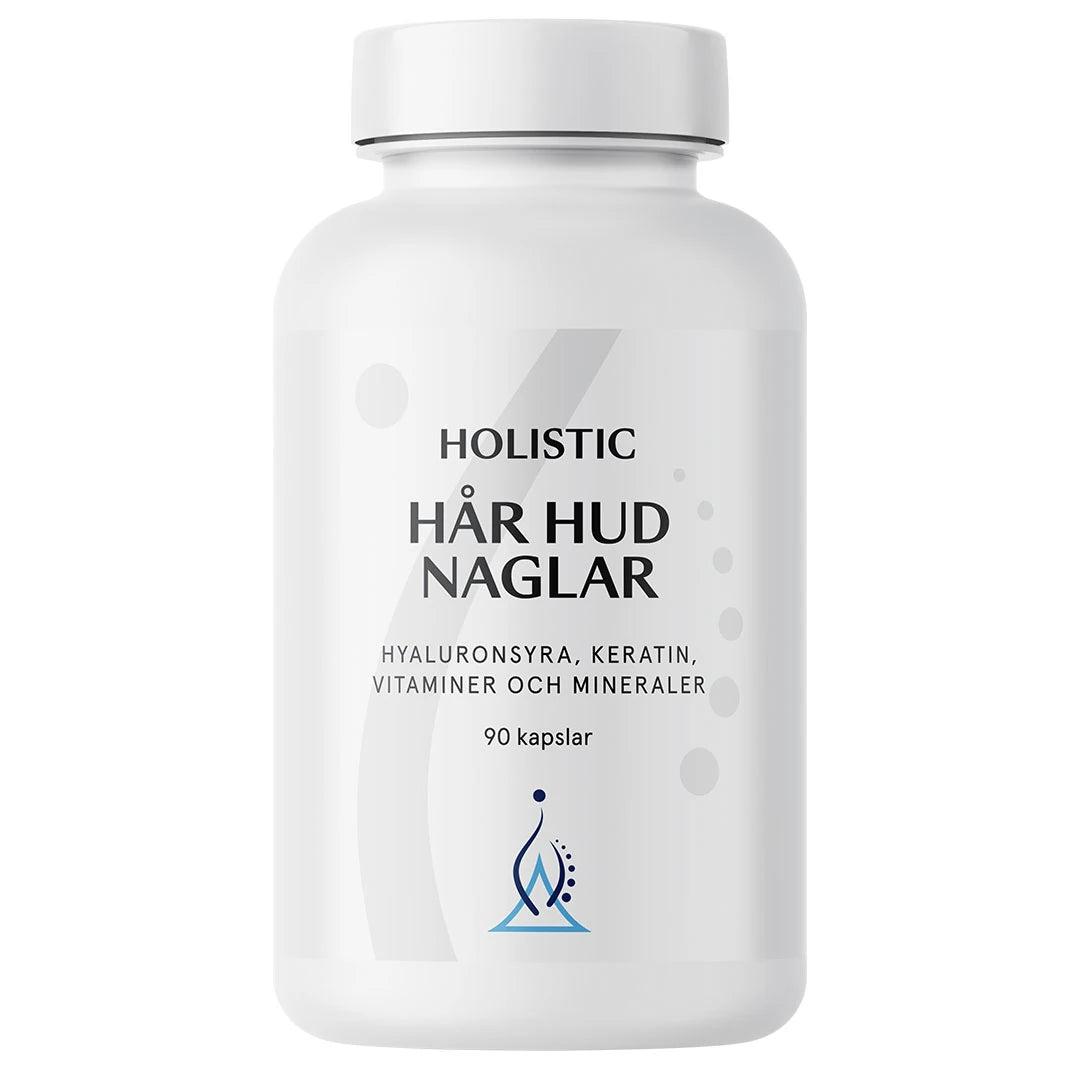 Holistic Hår Hud Naglar 90 caps kosttillskott i en stilren vit burk med minimalistisk design.