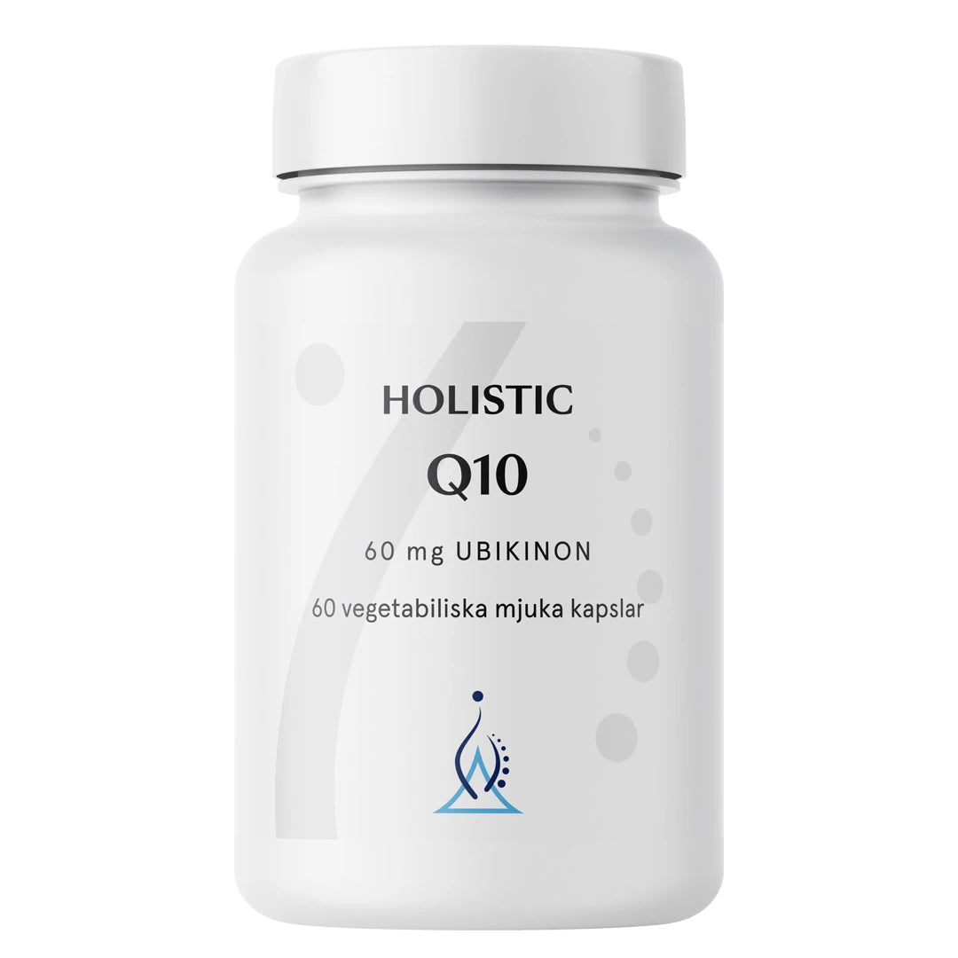 Holistic Q10 60 mg 60 caps förpackad i en vit plastburk med stilren design.