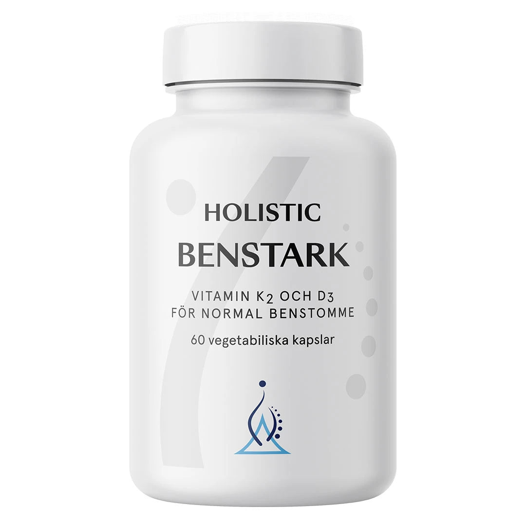 Holistic Benstark 60 caps i en stilren vit burk, med vitamin K2 och D3 för en normal benstomme.