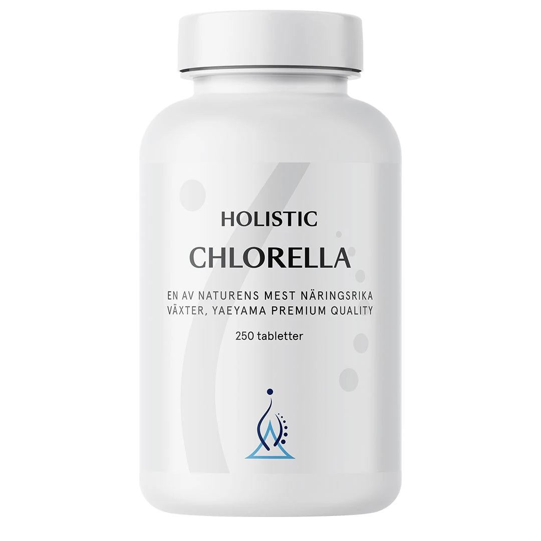 Holistic Chlorella 250 tabs i en stilren vit burk med grå och blå detaljer.