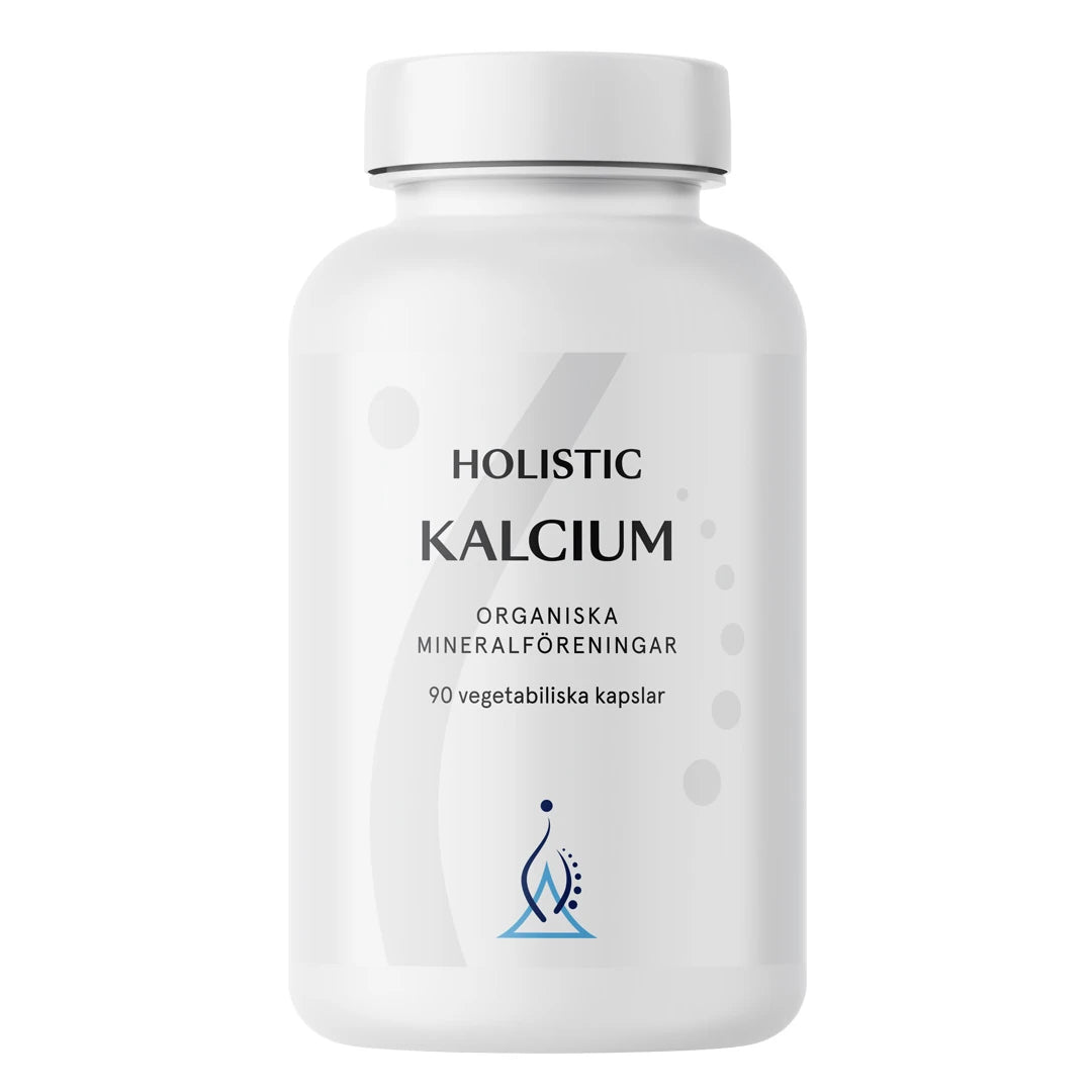 Holistic Kalcium 160 mg 90 caps i en stilren vit plastburk med grå och blå grafiska detaljer.