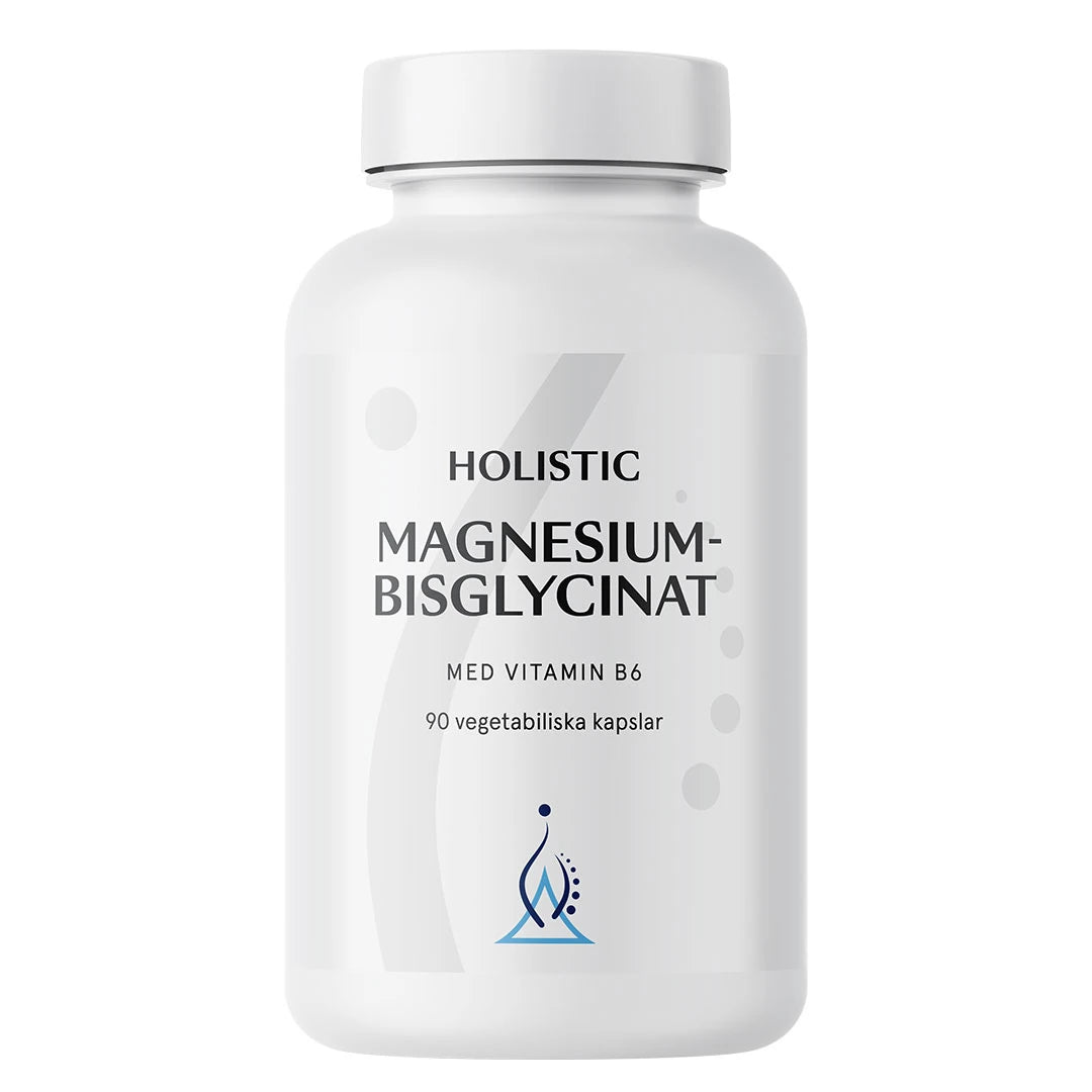 Holistic Magnesiumbisglycinat 100 mg 90 caps förpackad i en vit burk med ljusgrå detaljer.
