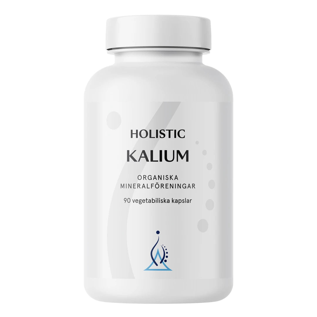 Holistic Kalium 250 mg 90 caps kosttillskott i en vit burk med grå detaljer.