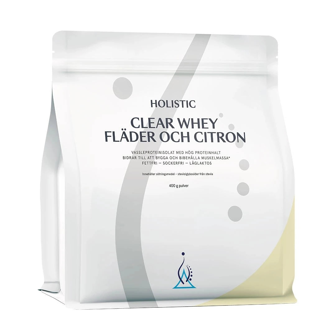Holistic Clear Whey vassleproteinisolat 400 g i en vit påse med smaken fläder och citron.