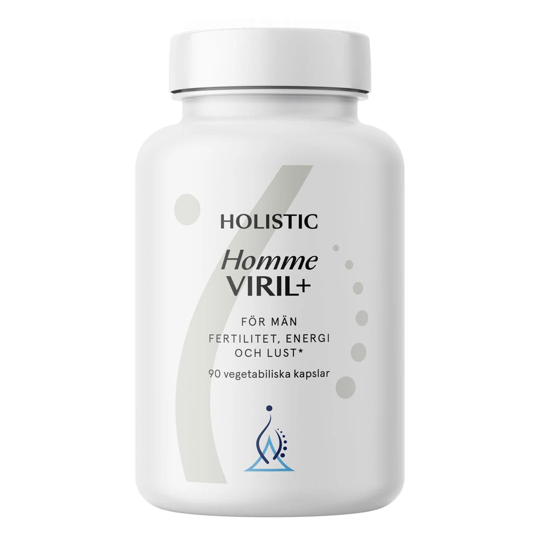 Holistic Homme Viril+ 90 caps multivitamin för män, förpackad i en vit burk med stilren design och svarta textdetaljer.