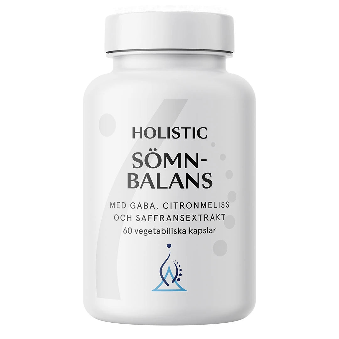 Holistic Sömnbalans 60 caps, en vit burk med sömntillskott innehållande örter, aminosyror och saffransextrakt.