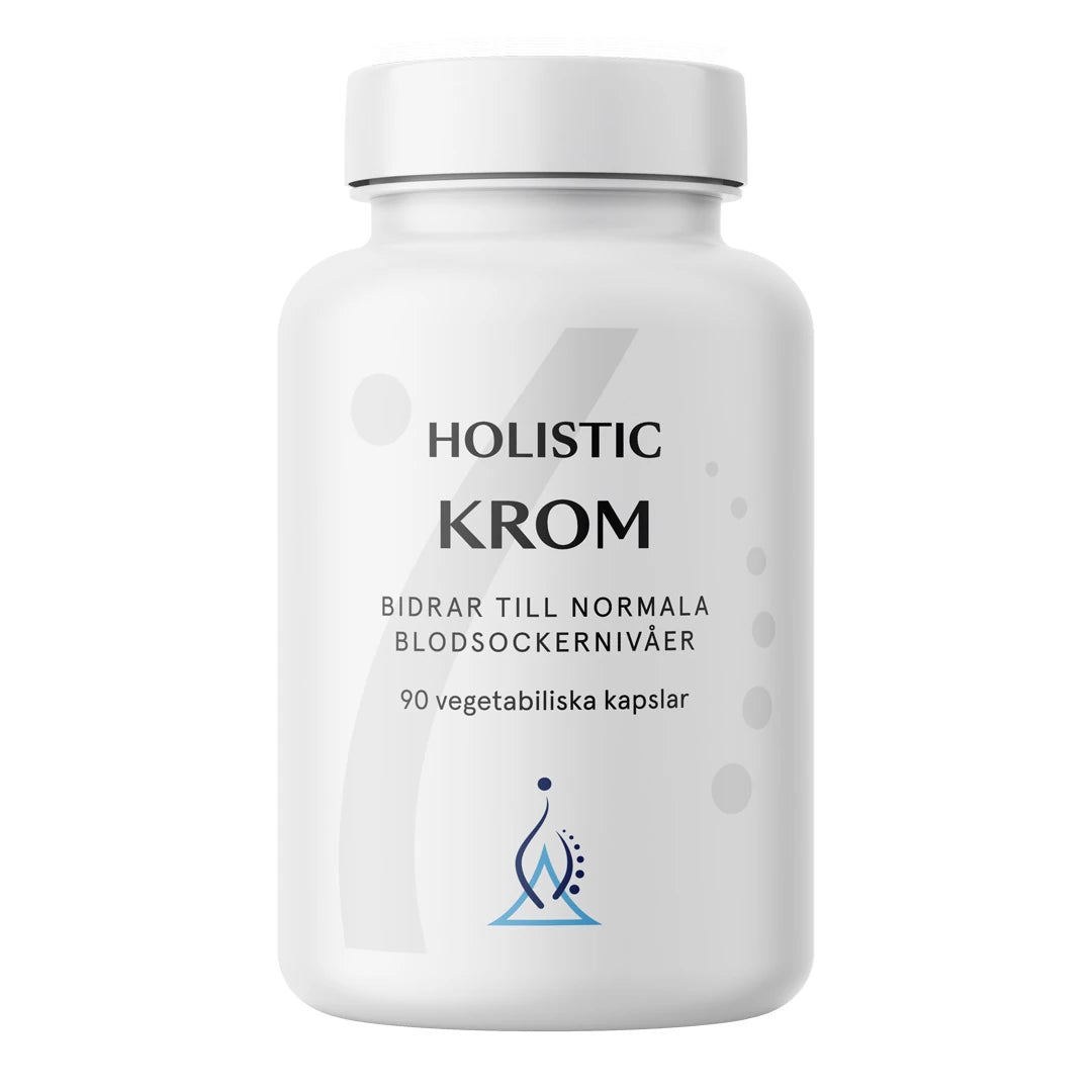 Holistic Krom 90 caps kosttillskott i en vit burk med svart text och en blå logga på framsidan.