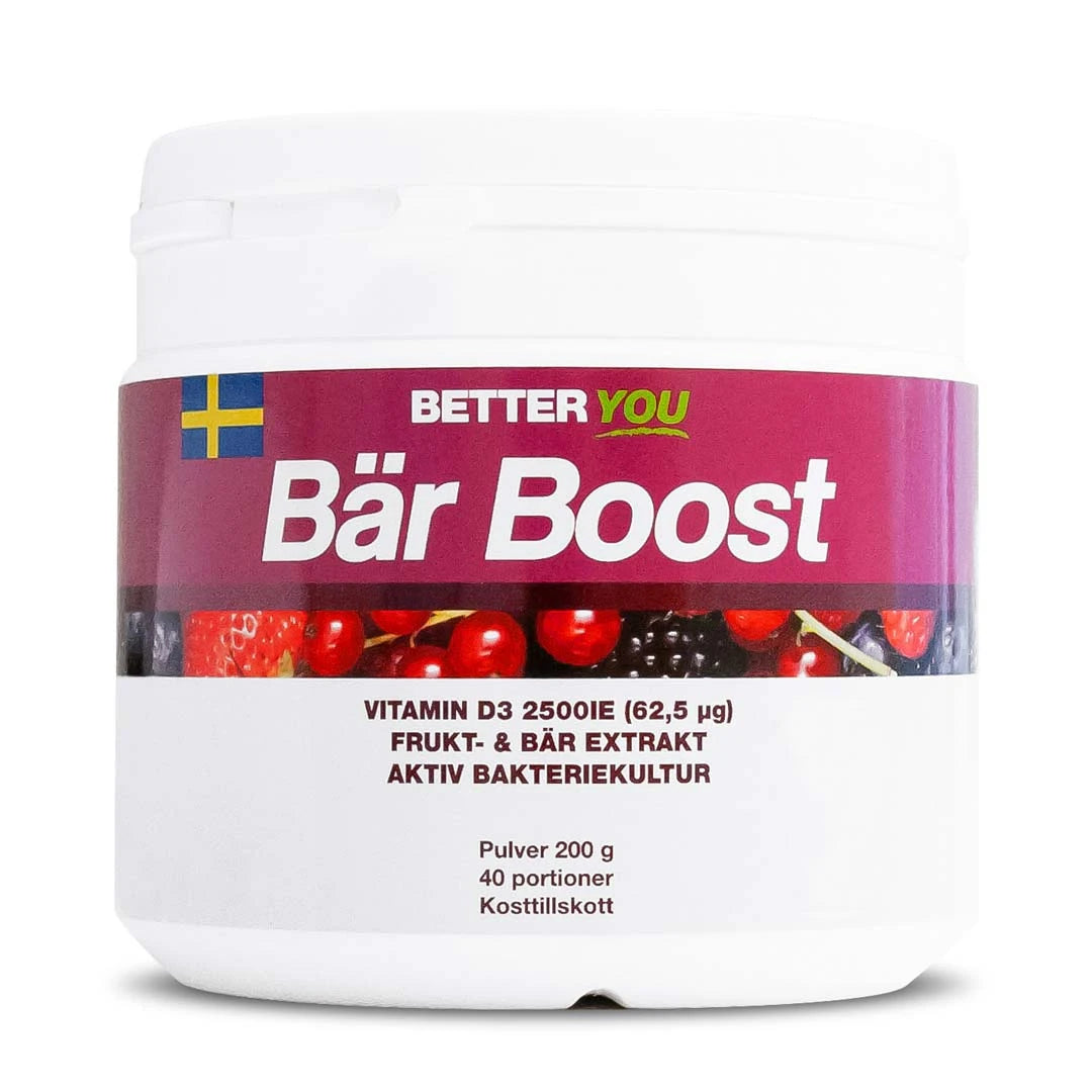 Better You Bär Boost Pulver 200 g förpackad i en vit burk med lila etikett och bärmotiv.