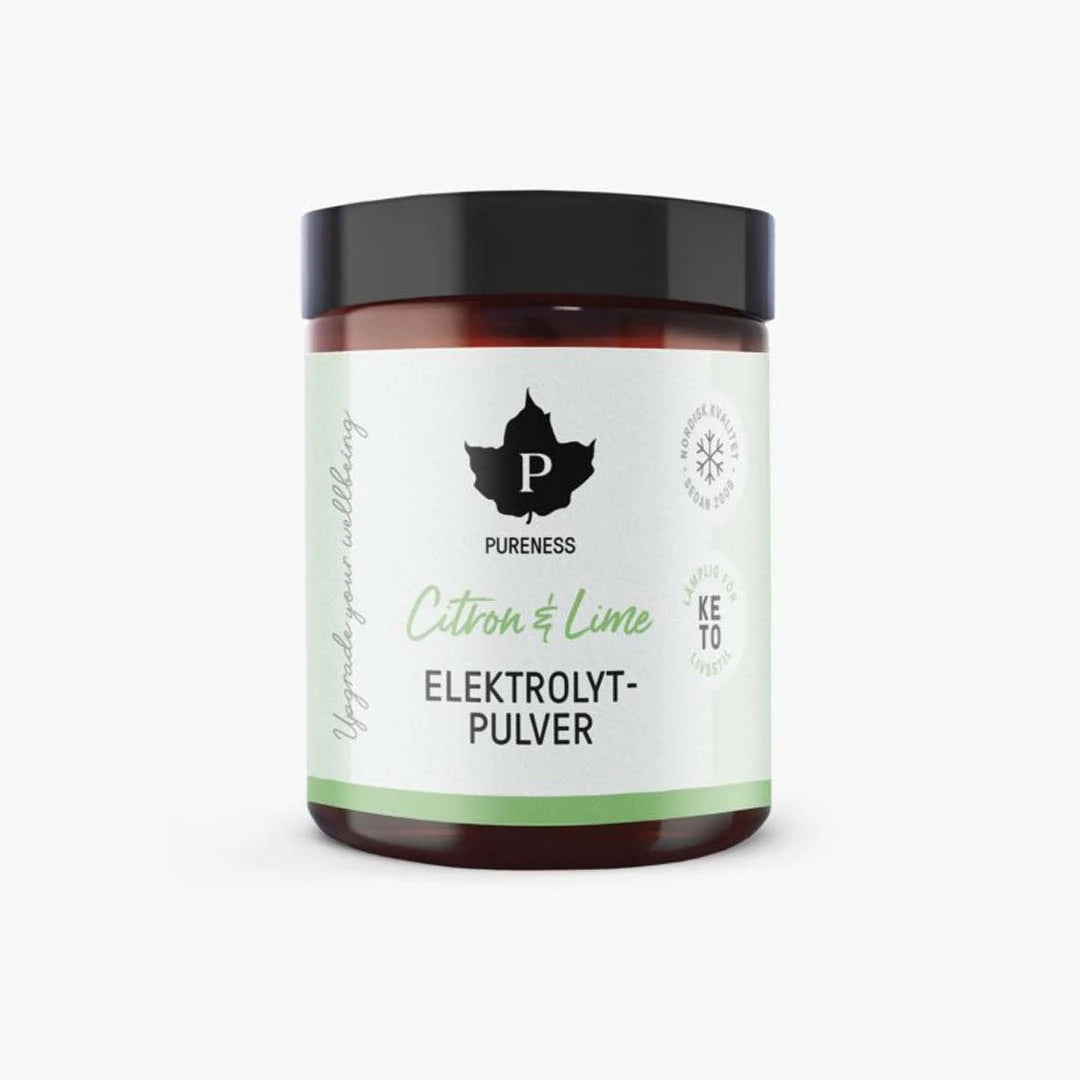 Pureness Elektrolytpulver 120 g i en mörkbrun burk med svart lock och vit etikett för smaken Citron Lime., bild 7 av 7