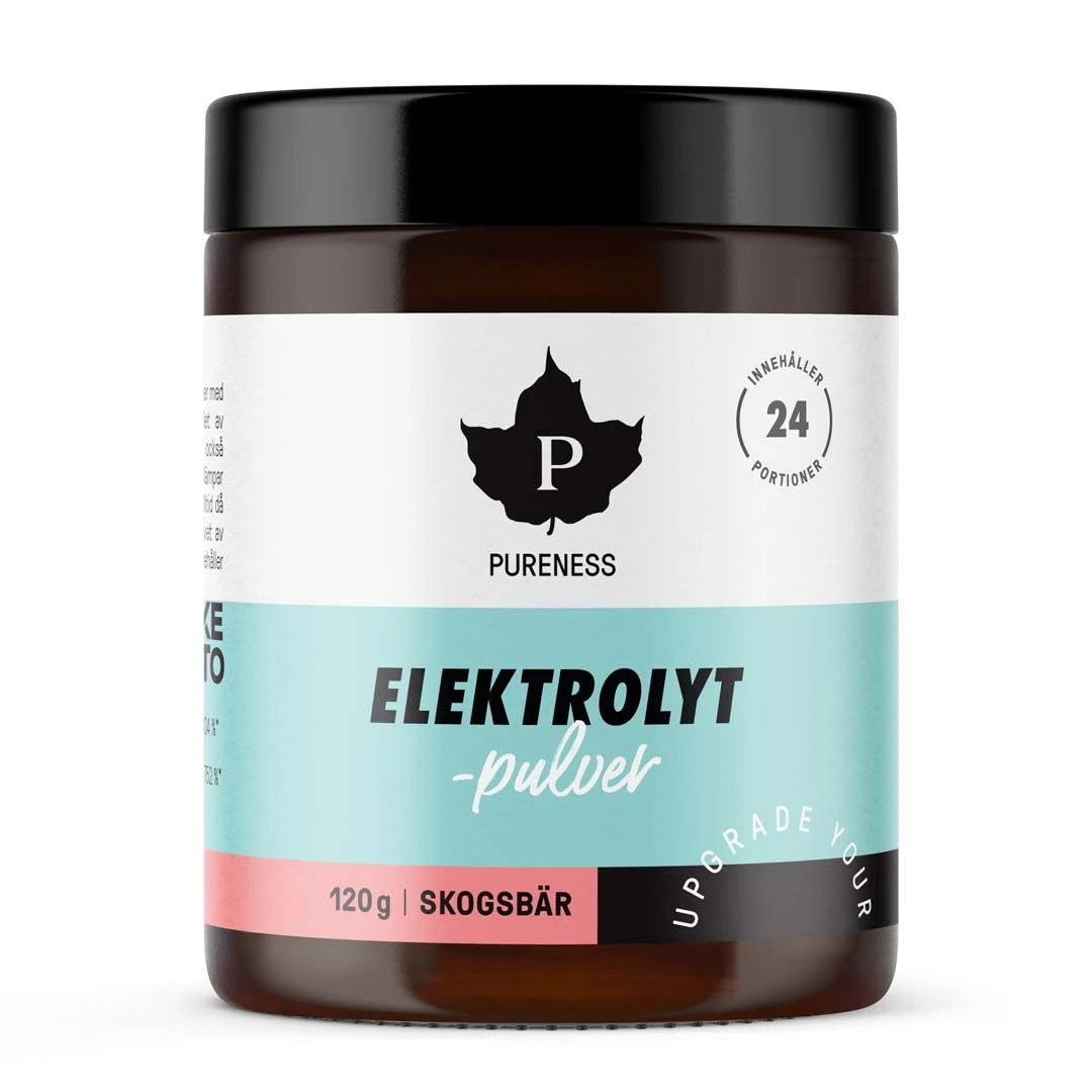Pureness Elektrolytpulver 120 g i en mörk burk med vit, ljusblå och rosa etikett för smaken Skogsbär.
