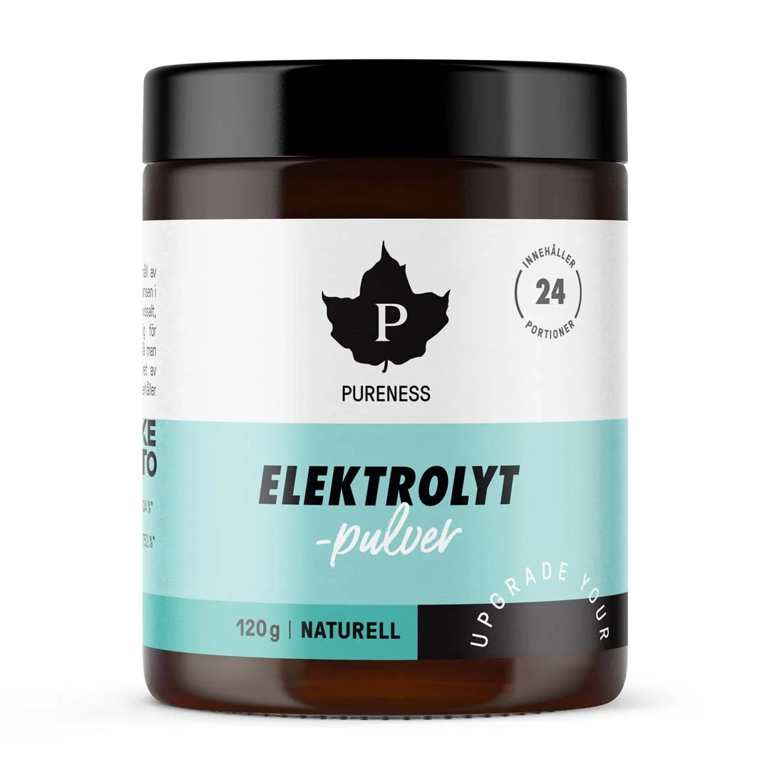 Pureness Elektrolytpulver 120 g Naturell i en mörk burk med svart lock samt vit och ljusblå etikett., bild 3 av 7