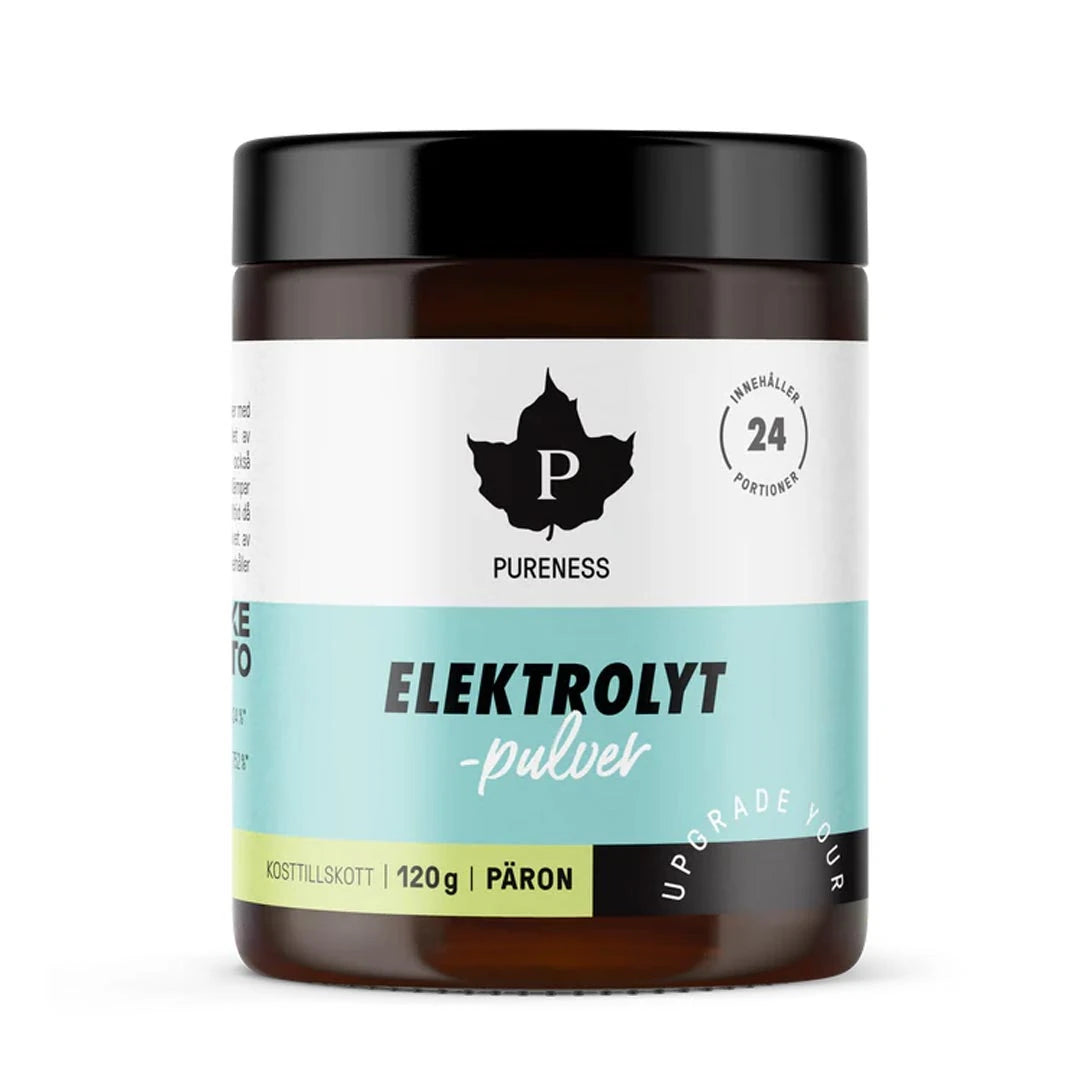 Pureness Elektrolytpulver 120 g i en mörkbrun burk med svart lock och ljusblå etikett för smaken päron., bild 4 av 7