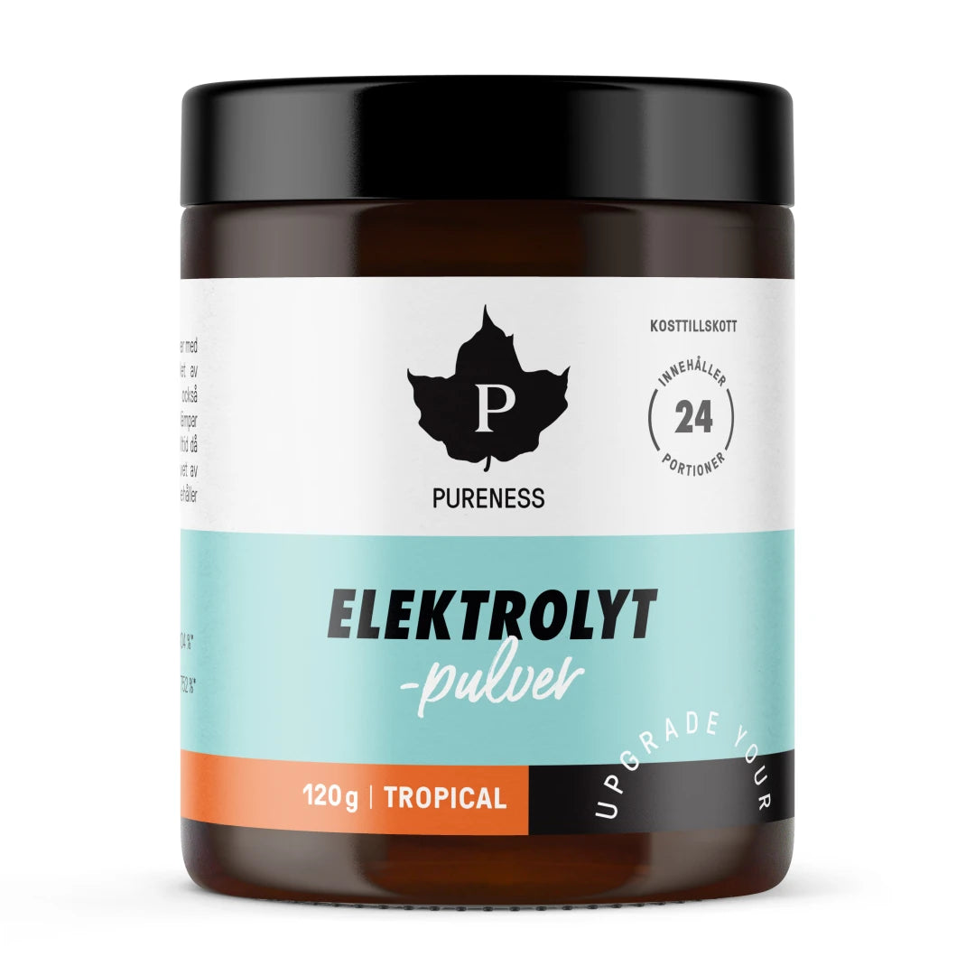 Pureness Elektrolytpulver 120 g i en mörkbrun burk med ljusblå etikett för smaken Tropical., bild 5 av 7