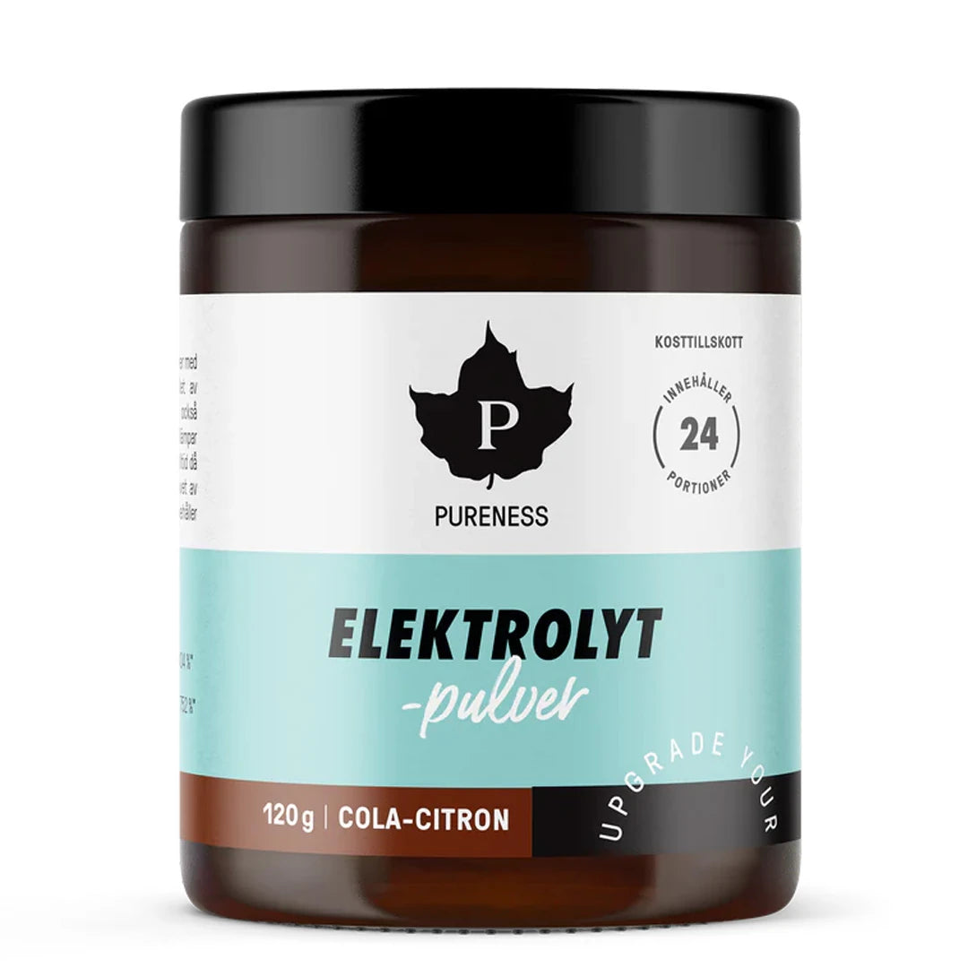 Pureness Elektrolytpulver 120 g i en mörkbrun burk med vit och ljusblå etikett för smaken Cola-citron., bild 6 av 7