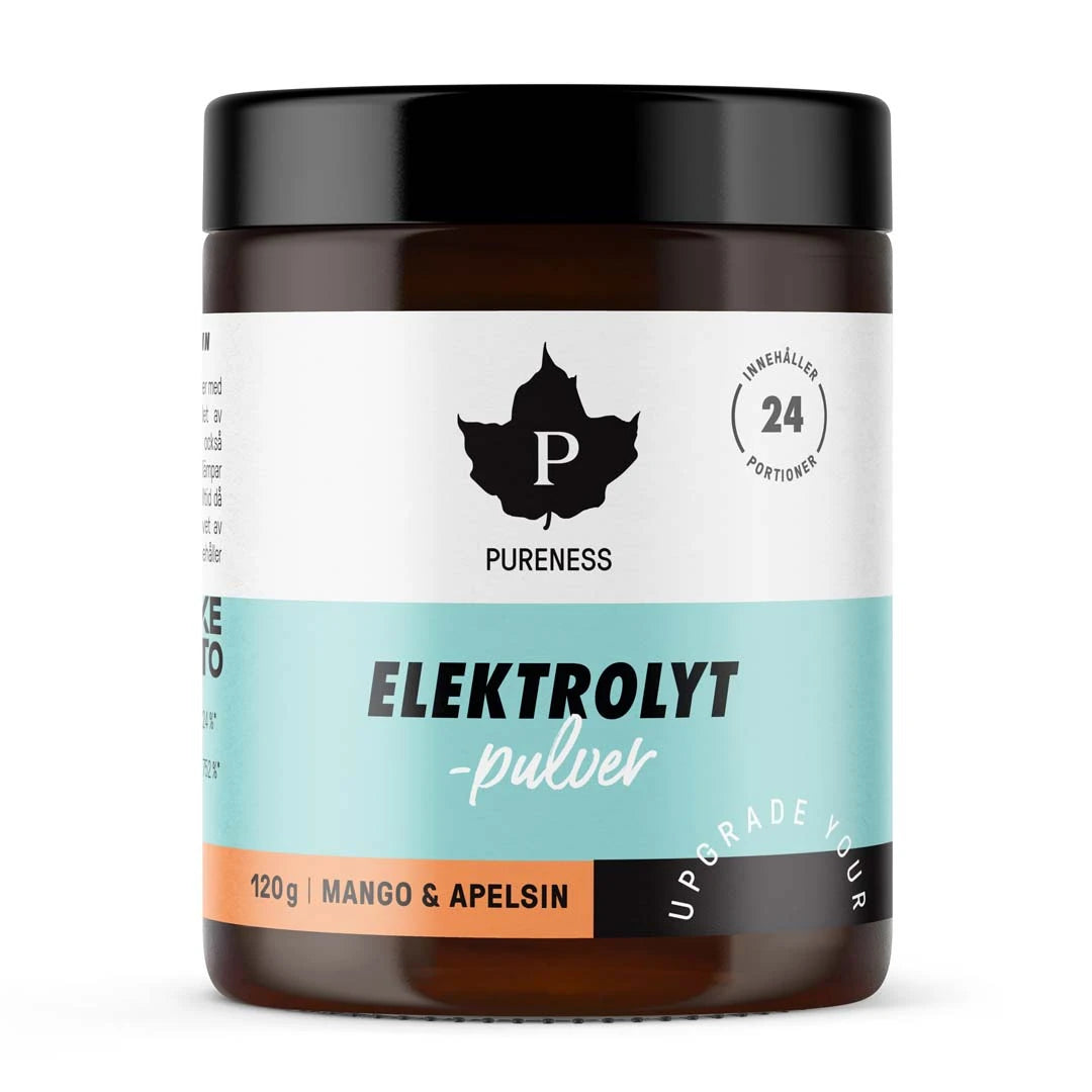 Pureness Elektrolytpulver 120 g i en mörkbrun burk med svart lock och en ljusblå etikett för smaken Mango Apelsin.