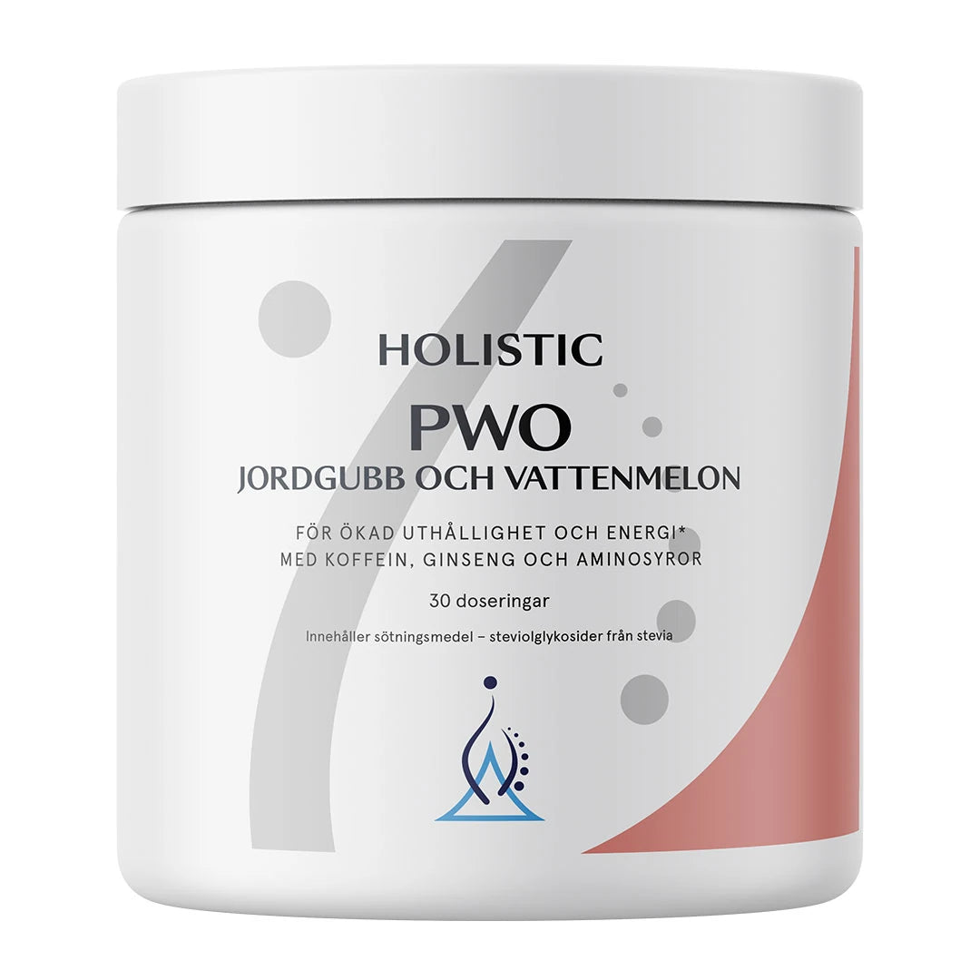 Holistic PWO 345 g i en vit burk med grå och röda detaljer för smaken Jordgubb & Vattenmelon.