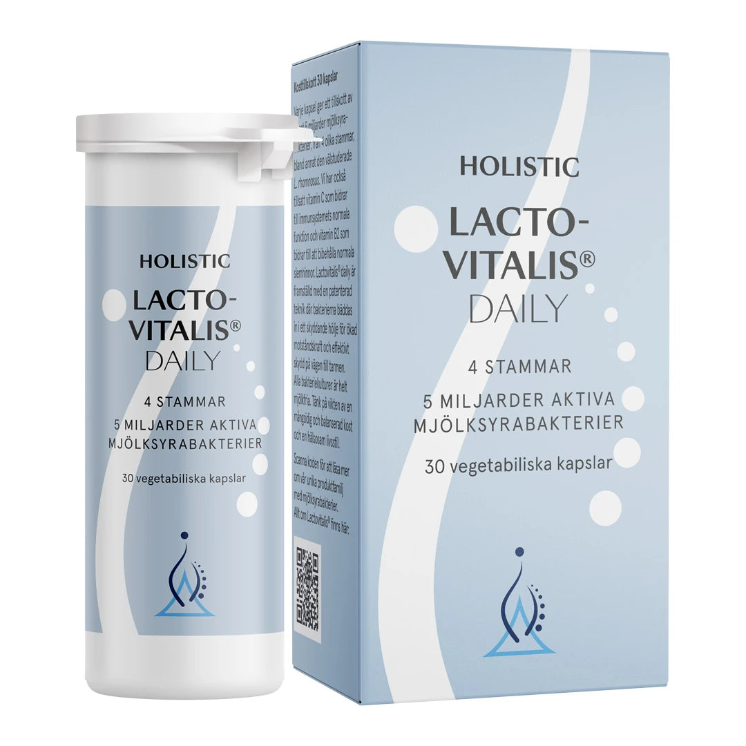 Holistic Lactovitalis® daily 30 caps med mjölksyrabakterier, förpackad i en vit burk och ljusblå kartong.