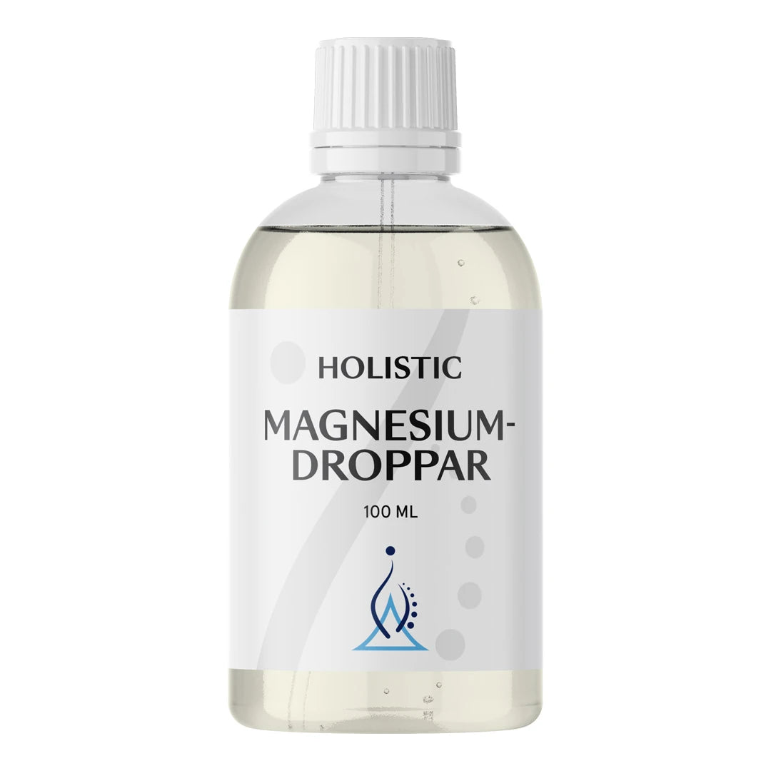 Holistic Magnesiumdroppar 100 ml, ett flytande kosttillskott i en genomskinlig flaska med vit etikett.
