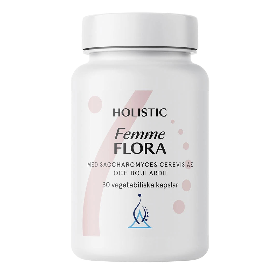 Holistic Femme Flora 30 caps, kosttillskott för mag- och tarmhälsa i en vit burk med rosa och blå detaljer.