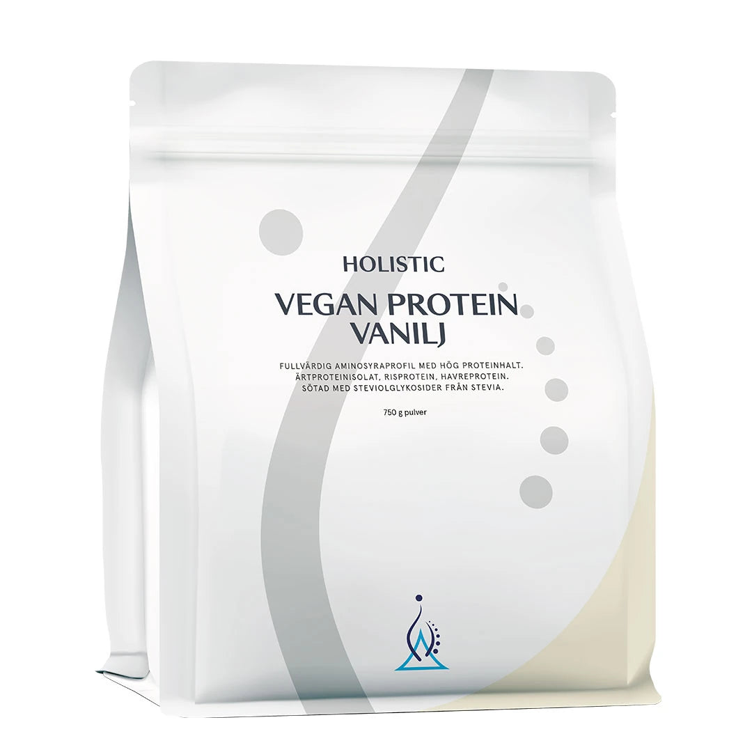 Holistic Vegan protein 750 g Vanilj är ett veganskt proteinpulver förpackat i en vit påse med stilrena detaljer.